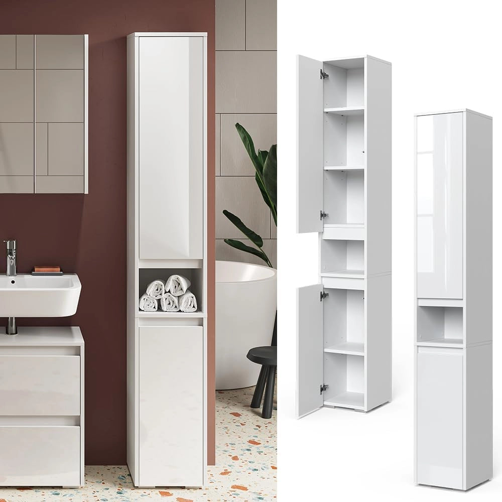 Armadio per il bagno Majest, Bianco lucido, 30.2 x 191.5 cm con ante e vano a giorno, per la conservazione con sei ripiani regolabili