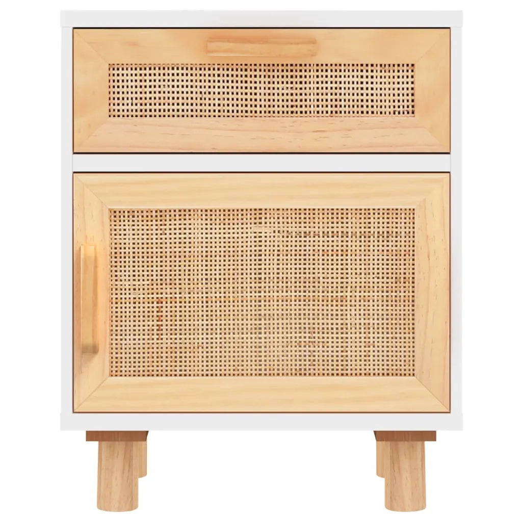 Comodini 2 pz Bianchi Legno Massello di Pino e Rattan Naturale 345607