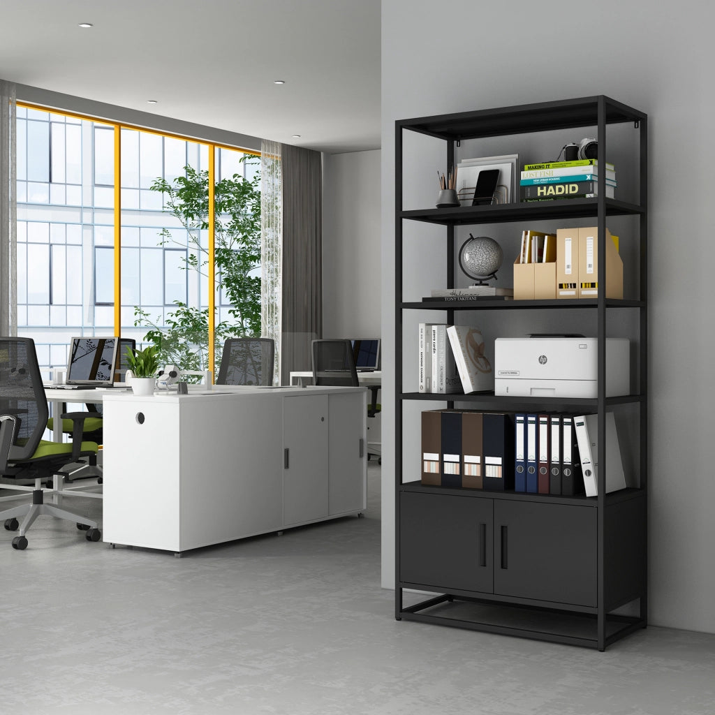 Libreria Hailuoto Scaffale in Acciaio con Ripiani Aperti e Armadietto 180x80x40 cm Nero opaco [en.casa]