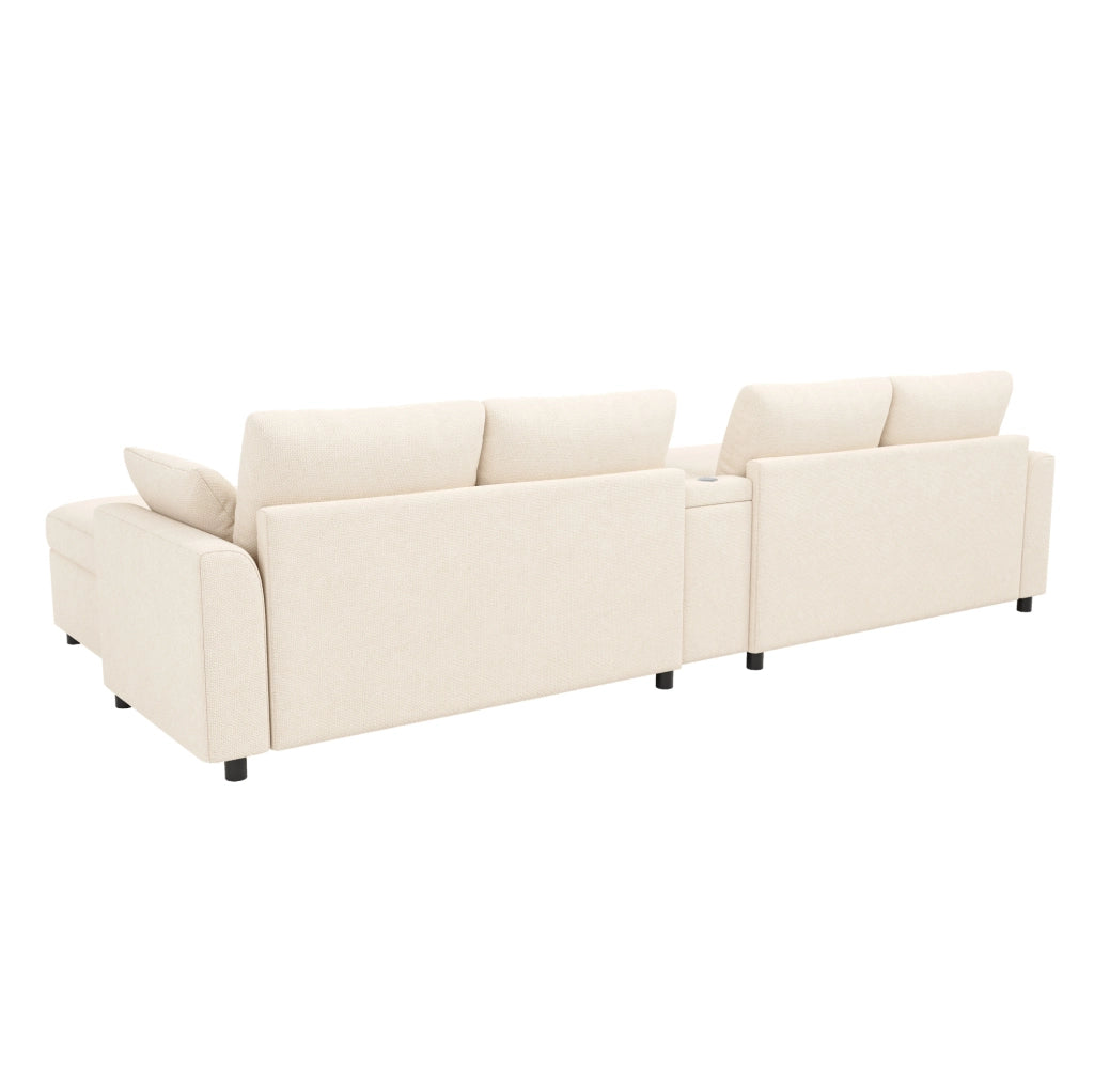 Divano angolare modulare 6 posti in ciniglia beige con USB