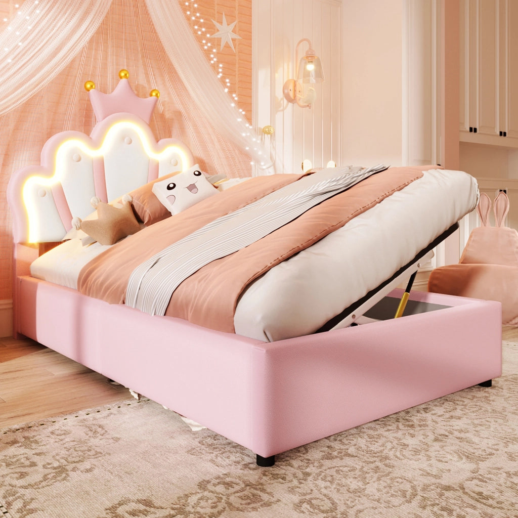 Crown Princess Single Bed 90x200cm con meccanismo idraulico di sollevamento in PU rosa