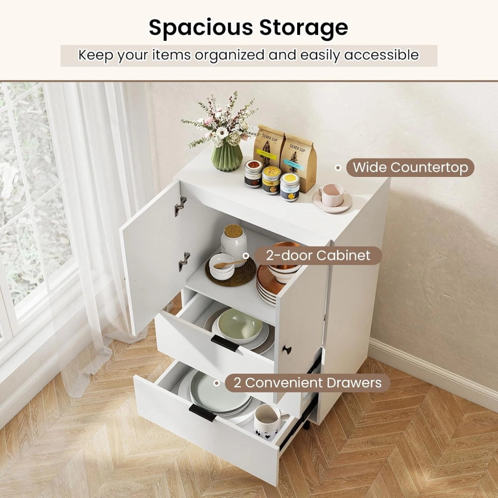 Mobiletto di Stoccaggio con 2 Cassetti e Scomparto a Doppie Porte, Tavolino in Stile Industriale con Gambe in Metallo Robuste, Dispositivo Anti-Ribaltamento, Caffè/Bianco