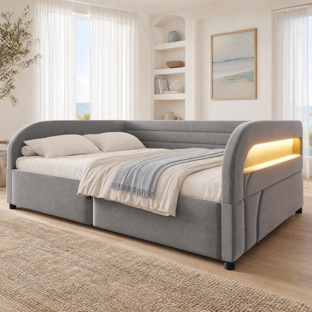 Letto Contenitore 140x200 cm con Sollevamento Idraulico; LED e Rivestimento in Flanella Grigia