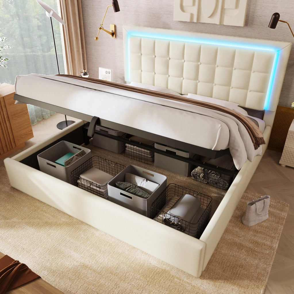 Letto contenitore 140x200 cm con LED e rete, bianco