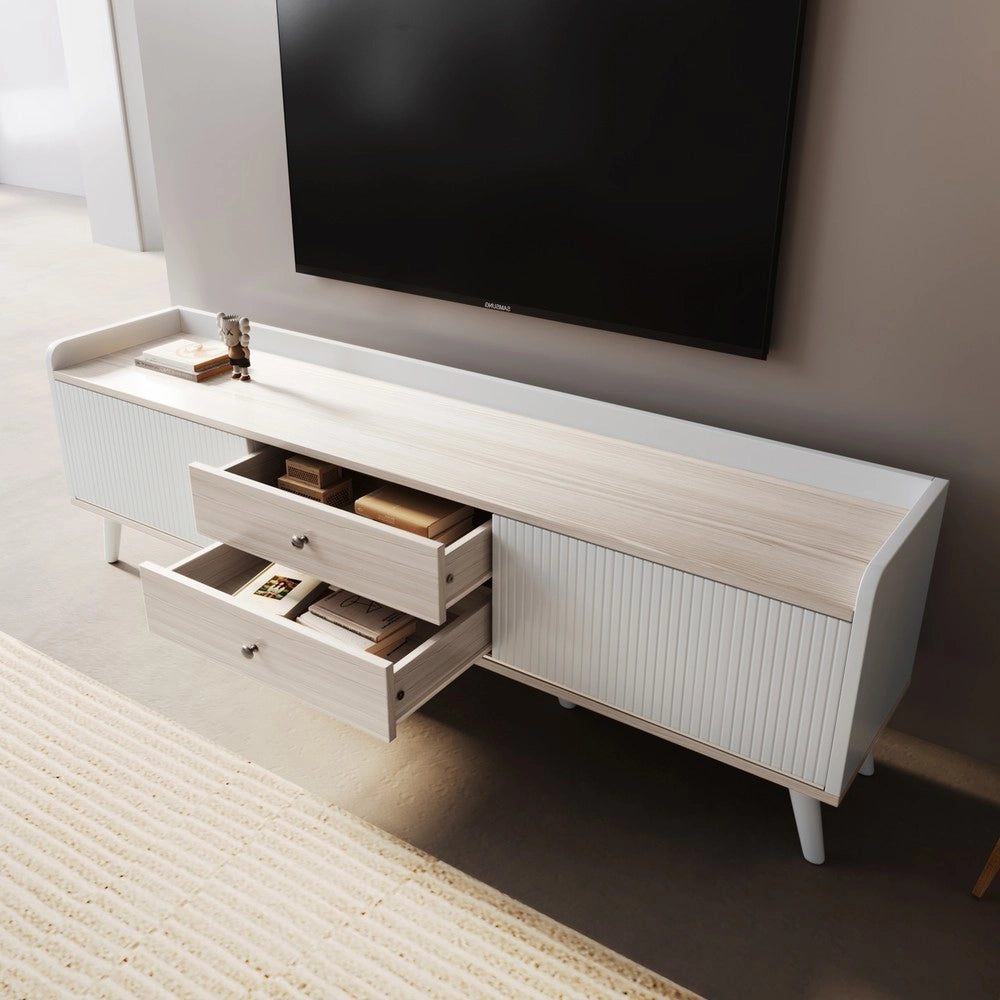Mobile TV con Cassetti e Ante Scorrevoli ¨C Xylo ¨C Bianco e Legno, 160x58x40 cm