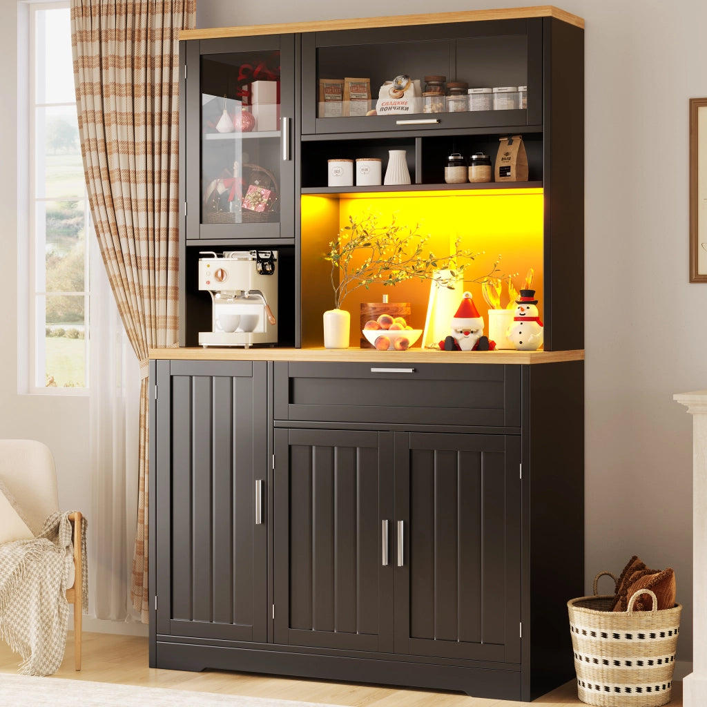 OKWISH Credenza alta vetrina con 5 ante e 1 cassetto, LED USB controllato da app, MDF, 104x40x180 cm, nero