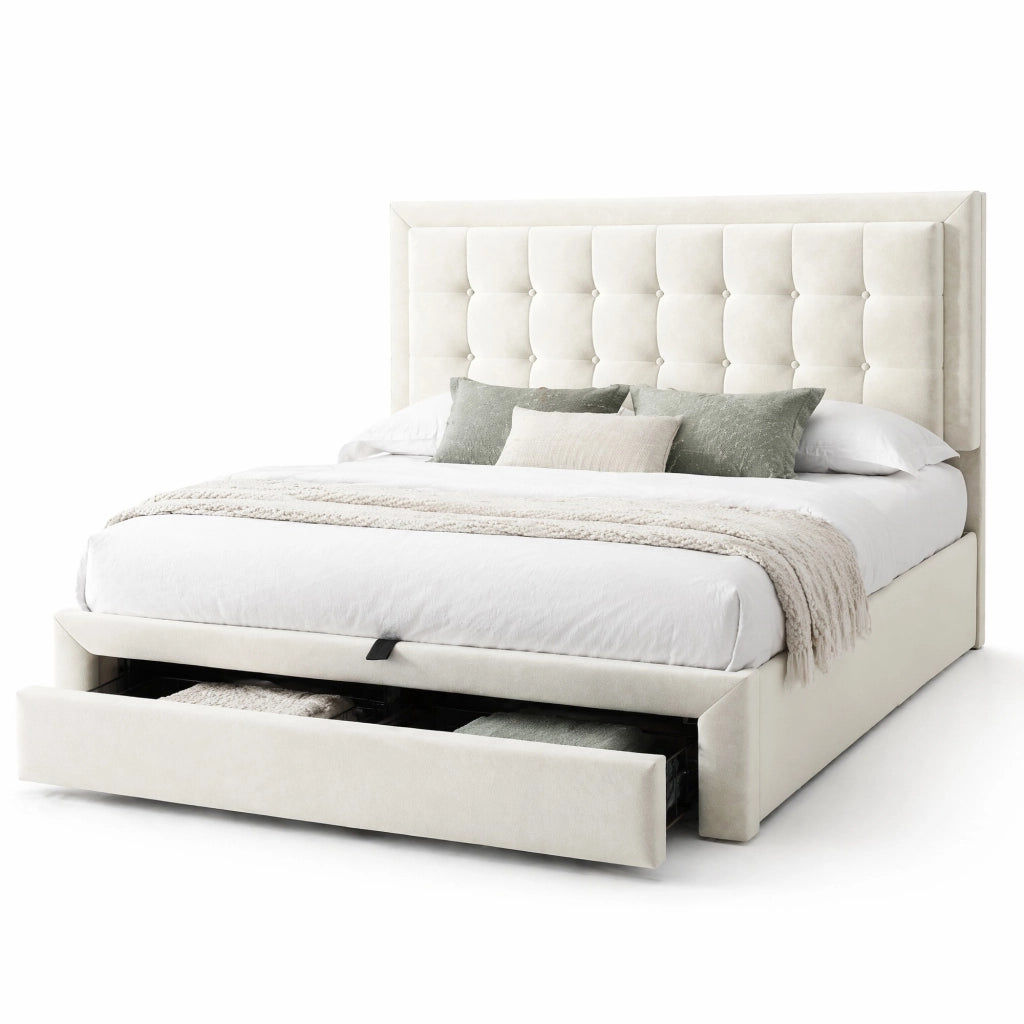 Letto imbottito 140x190 cm in velluto beige con testiera regolabile e contenitore