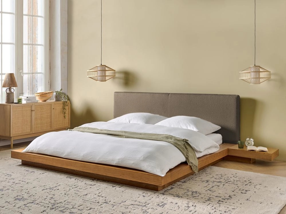Letto matrimoniale ad acqua con testata e comodini in legno chiaro bouclé tortora 180 x 200 cm stile giapponese