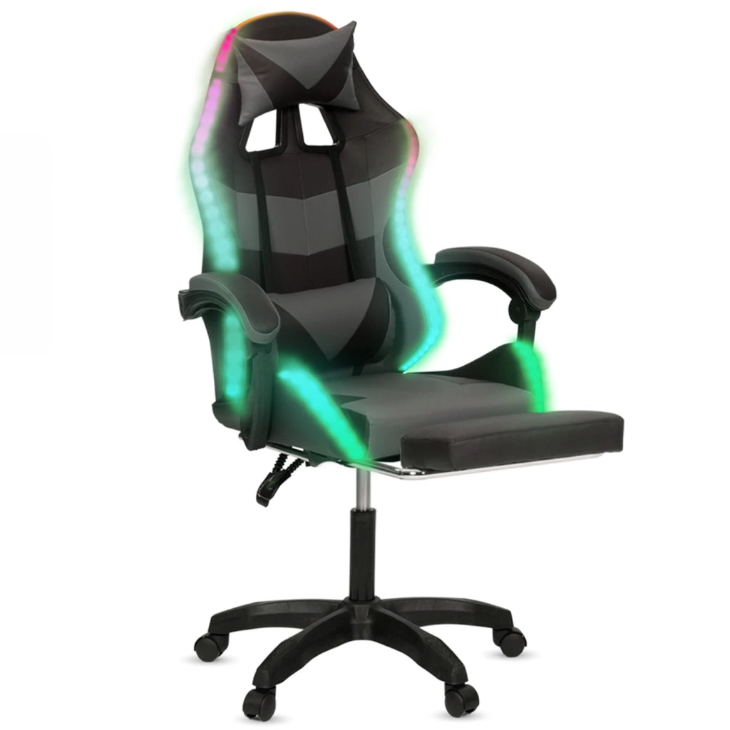 IDMarket - Sedia da gioco LUC LED con poggiapiedi, cuscino per la testa e supporto lombare in nero e grigio