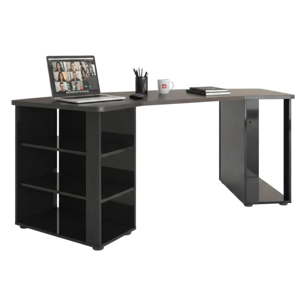 Scrivania Fuhao, Scrittoio multiuso, Tavolo per ufficio porta PC, Piano di lavoro, Made in Italy, 205x91h76 cm, Nero lucido