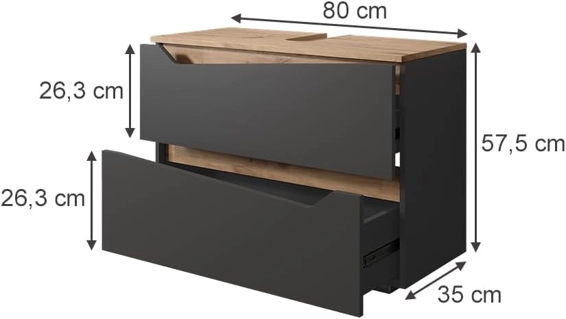 Mobile sottolavabo per bagno Marelle, Antracite/Artisan, 80 x 57.5 cm con 2 cassetti, adatto per l'installazione sotto lavabi standard