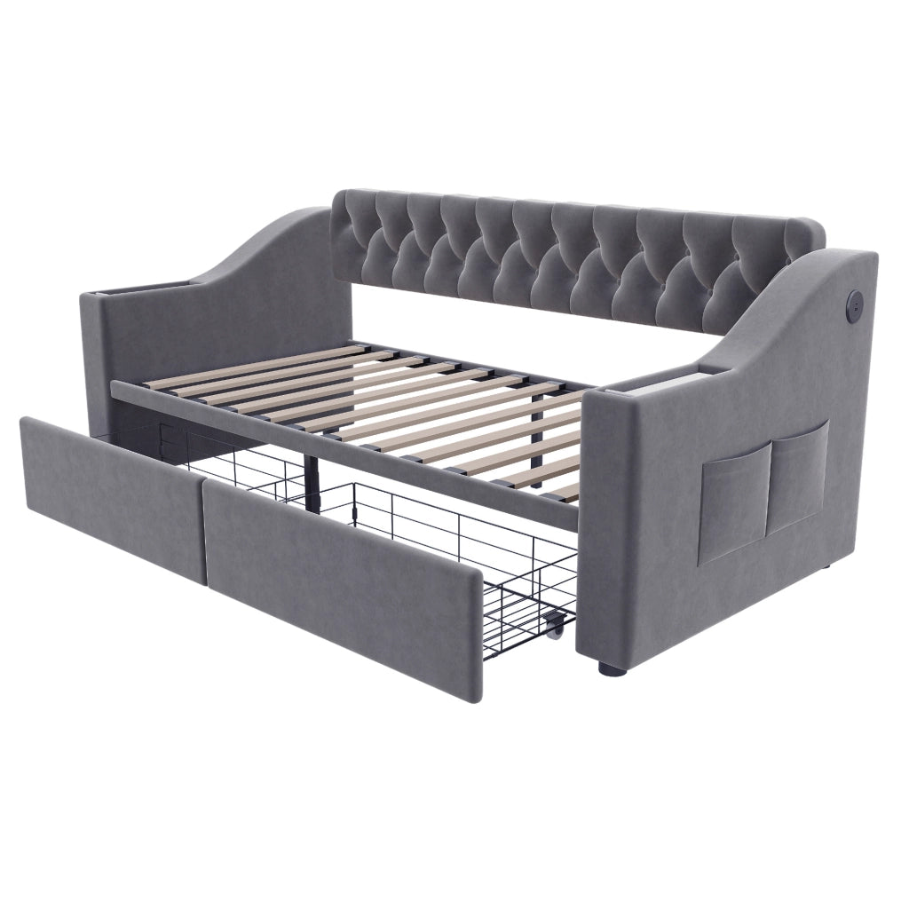 Letto imbottito 90x190 cm con divano letto, tessuto velluto, 2 cassetti contenitore, porte USB e struttura in metallo, grigio scuro