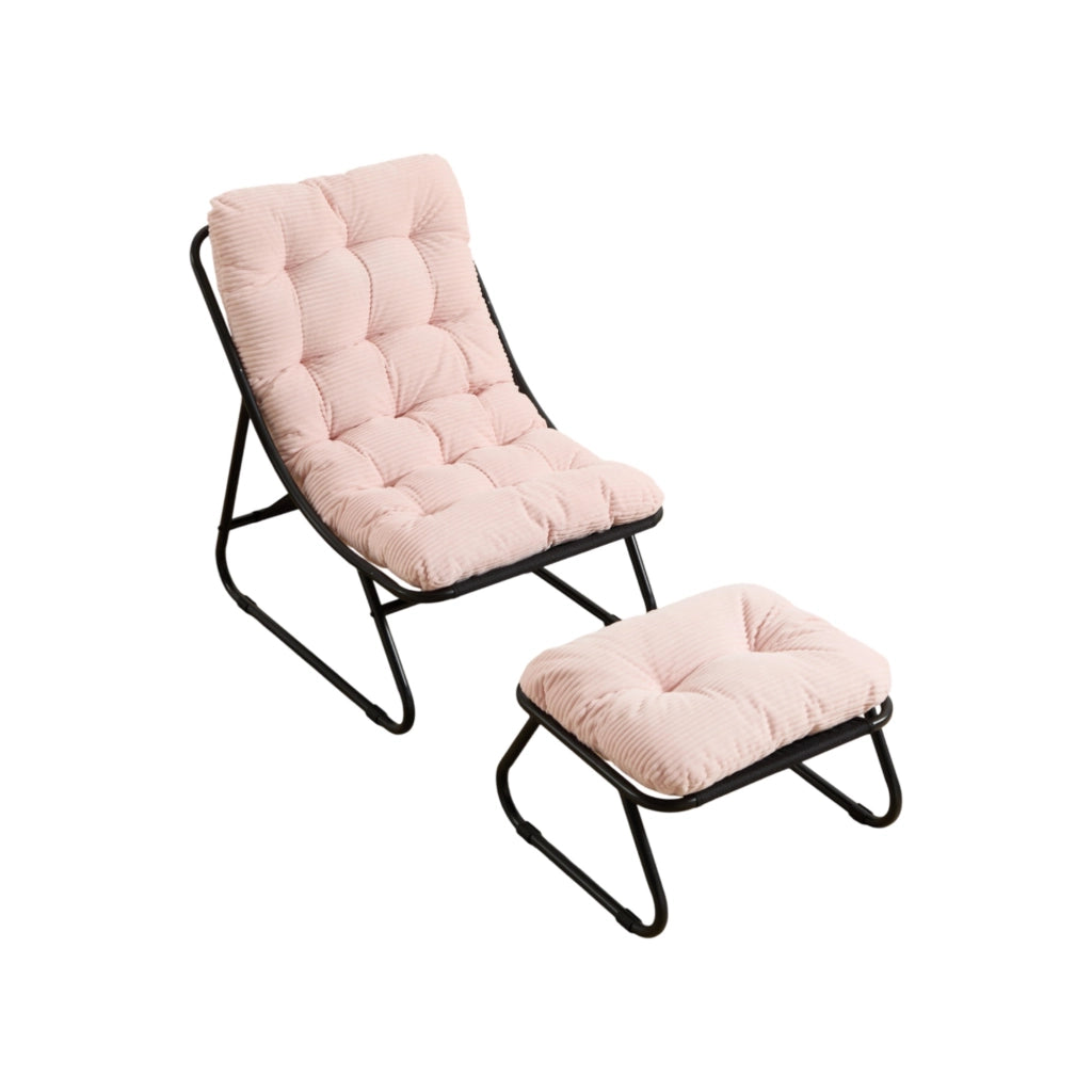 Poltrona relax con poggiapiedi e cuscino in acciaio per soggiorno in velluto a coste rosa