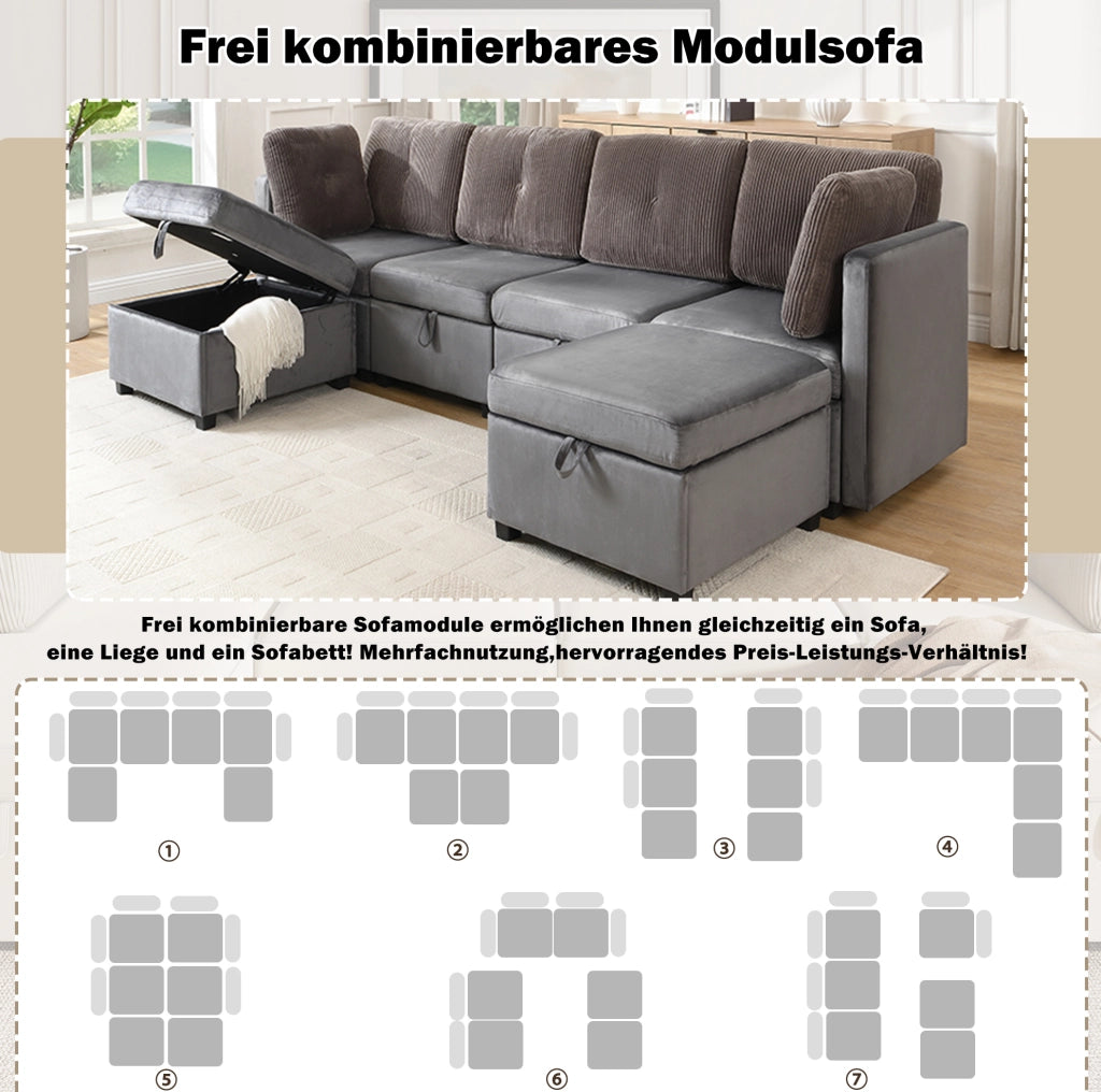 Divano modulare a U 6 posti con contenitore grigio antico