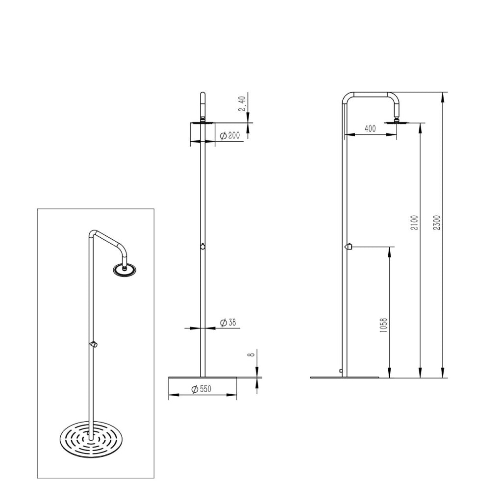 MPC Doccia da Piscina per Esterno inox in Acciaio Inox 316L con Soffione 20 cm Anticalcare Ingresso Laterale 1-2 Base Antiribaltamento MX1018-INOX