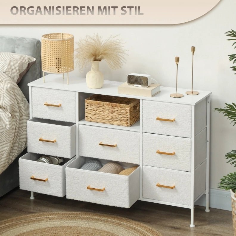 Cassettiera con 8 cassetti in tessuto bianco crema con prese integrate