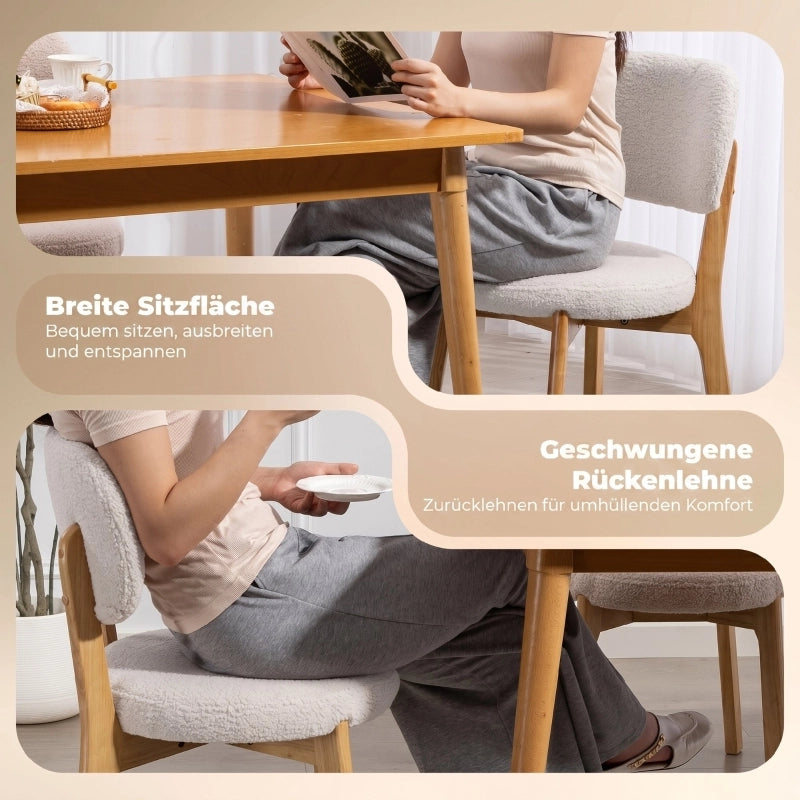 Sedia da Pranzo Set da 2 con Schienale Curvo e Seduta Ampia, in Bouclé e Legno, Crema