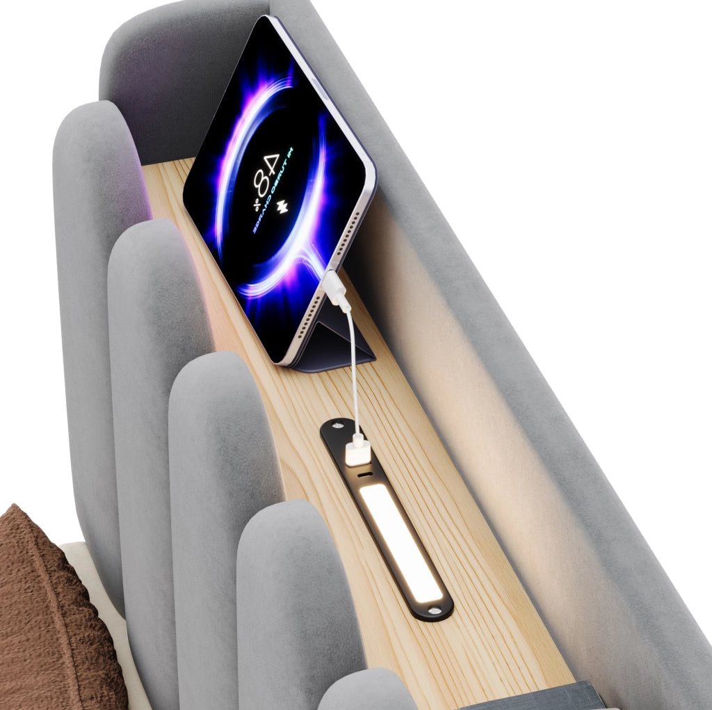 Letto singolo per bambini 90x200 cm in velluto grigio con contenitore; USB; Type-C e luce