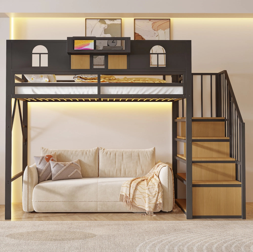 Letto a soppalco in metallo 90 x 200 cm con scala contenitore; ripiani e barra luminosa nero