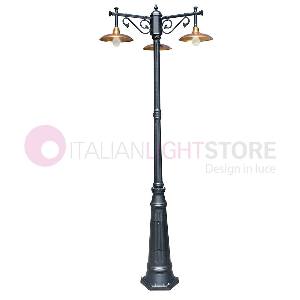 NIKE ANTRACITE Lampione da giardino 3 luci con piatti in ottone anticato