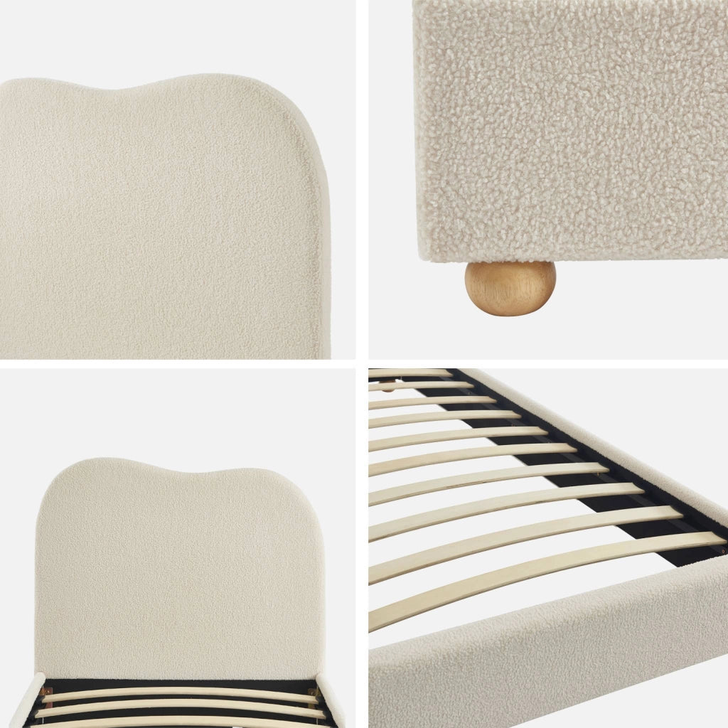 Letto con rete a doghe e testiera, bianco con finitura bouclé, bianco