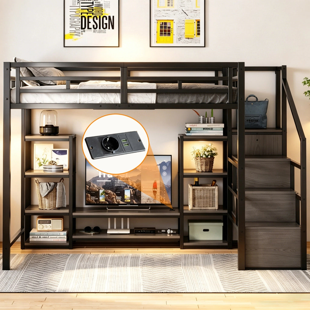 Letto a soppalco 140 × 200 cm con supporto TV, presa elettrica e scala contenitore, senza materasso, in metallo, nero