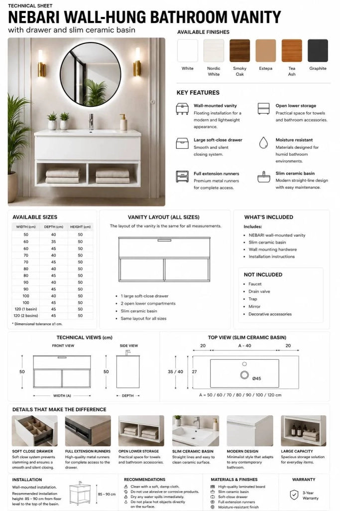 Mobile bagno sospeso con lavabo ORIGENBATH NEBARI con cassetto 70x40 cm bianco