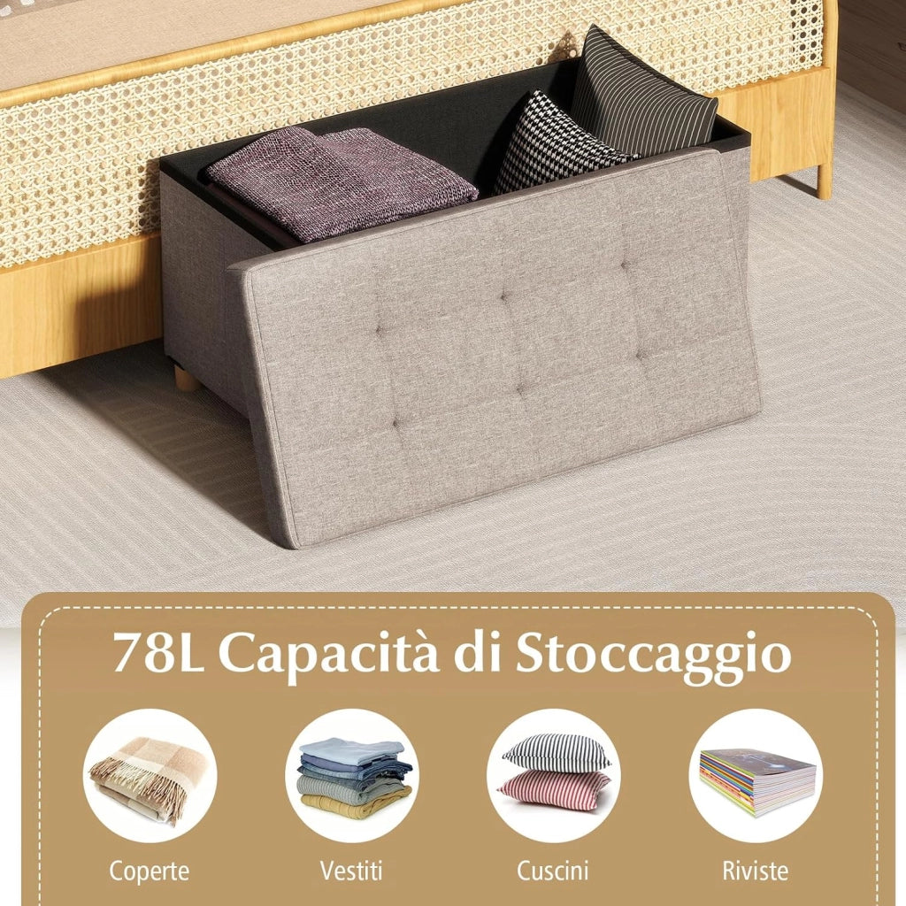 Panca Contenitore da 76 cm, Panca in Tessuto di Lino con Vassoio e Gambe in Legno di Gomma, Cassapanca Imbottita per Spazi Piccoli, Poggiapiedi per Soggiorno, Camera da Letto e Ingresso