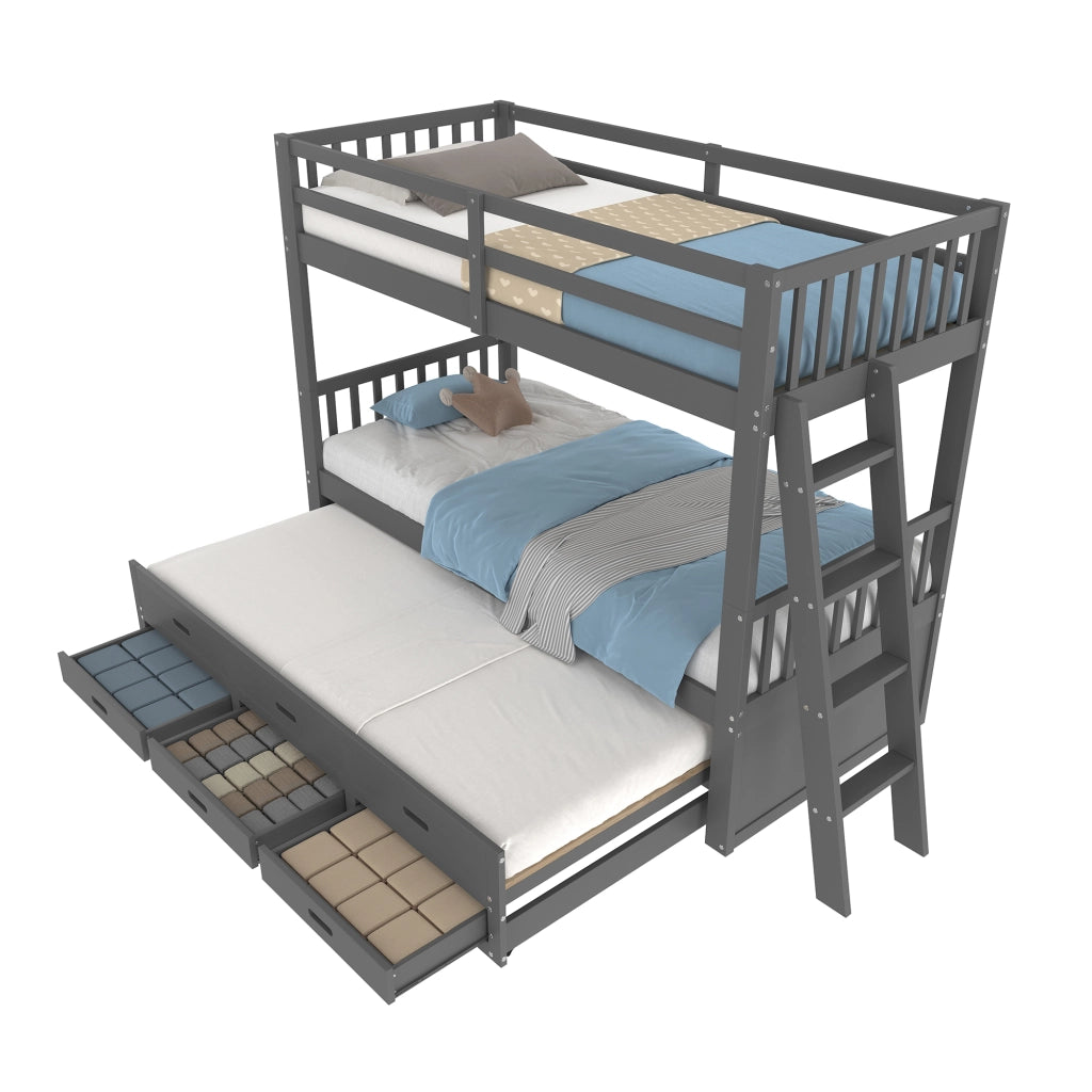 OKWISH Letto a Castello 90×200 cm, Letto Singolo con Letto Estraibile, 3 Cassetti e Scala, senza Materasso, in Pino e MDF, Grigio