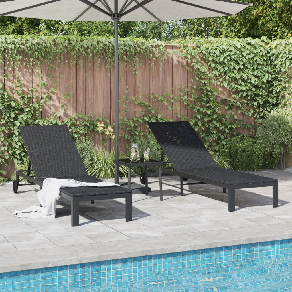 Lettini 2 pcs con Ruote e Tavolo Nero Polyrattan