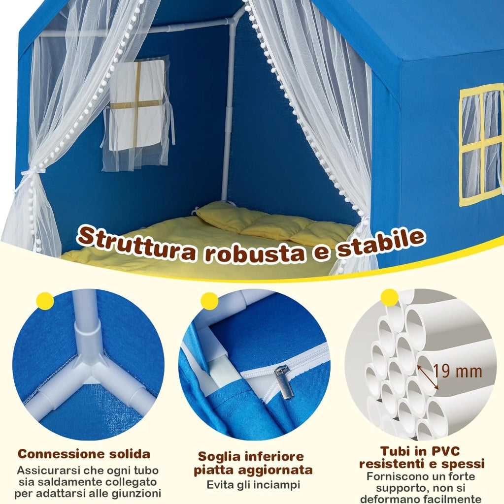 Tenda da Gioco per Bambini, Casetta per Bambini con Tappeto in Cotone Lavabile Luci Stellari e Finestre, Tenda del Castello, 122x105x125 cm (Blu)