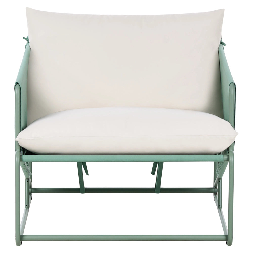 Set composto da divano basso oversize e 2 sedie in metallo con cuscini per schienale e seduta da interno ed esterno verde stile moderno e rustico