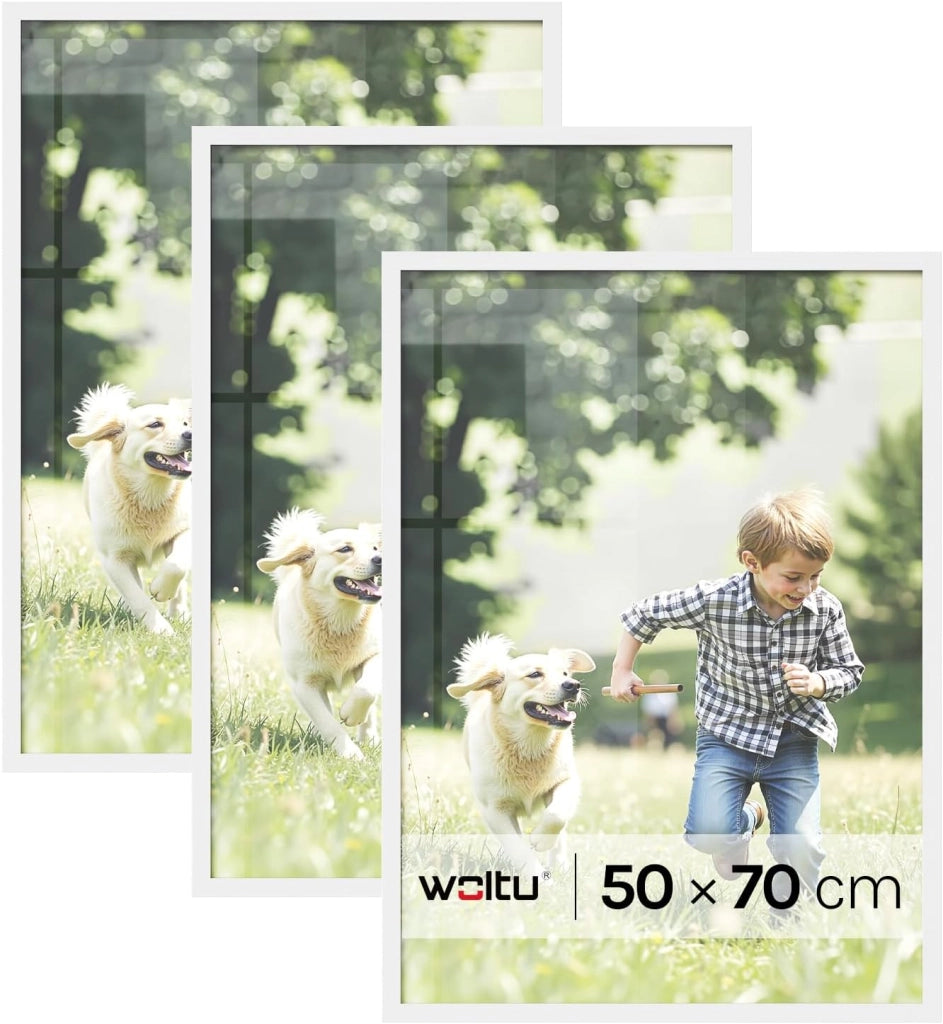 Set di 3 Cornici 50x70 cm con Passepartout, Portafoto in Orizzontale o Verticale, da Parete o Tavolo, in Legno MDF, Bianco