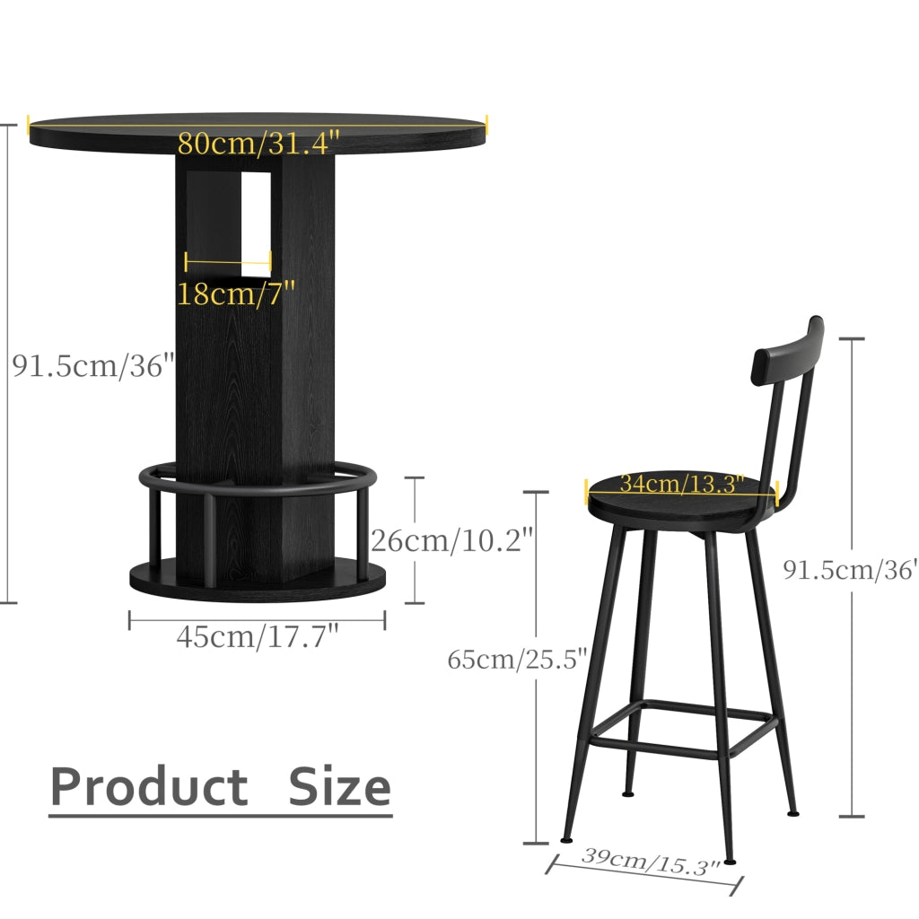 Set tavolo da bar rotondo con 2 sgabelli nero Ø 80 cm