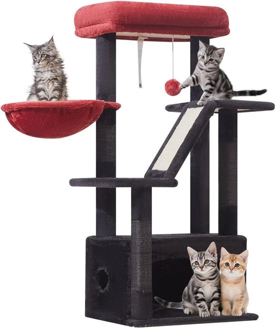 Tenda per Gatti 97CM con 4 Palanche per Gatti, 1 Piattaforma e Grotte, Sacca, Palle in Piuma in Rosso e Nero