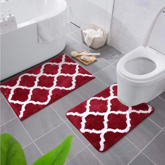 Set antiscivolo per bagno, 2 pezzi, morbido, alta densità, bagno, toilette, tappeto bagno, set, microfibra, 2 pezzi, rosso vino