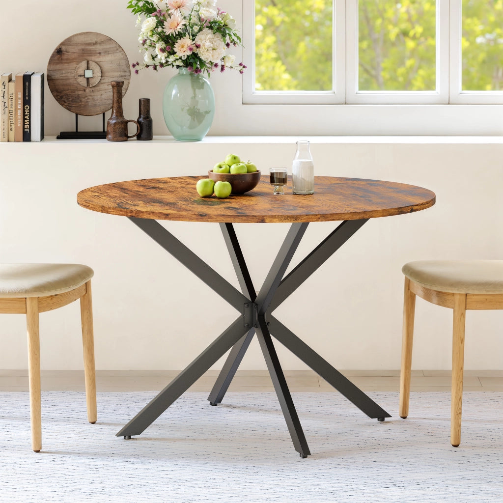 Tavolo da pranzo rotondo industrial 120 cm in truciolare e ferro; marrone