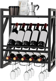 Cantinetta a Parete, Scaffale Vino Decorativo con Portacalici per Coppe, Supporto per Bottiglie Appendibile, 20 kg di Carico per Strato, per Cucina, Cantina, Bar (51 x 26,5 x 60 cm)