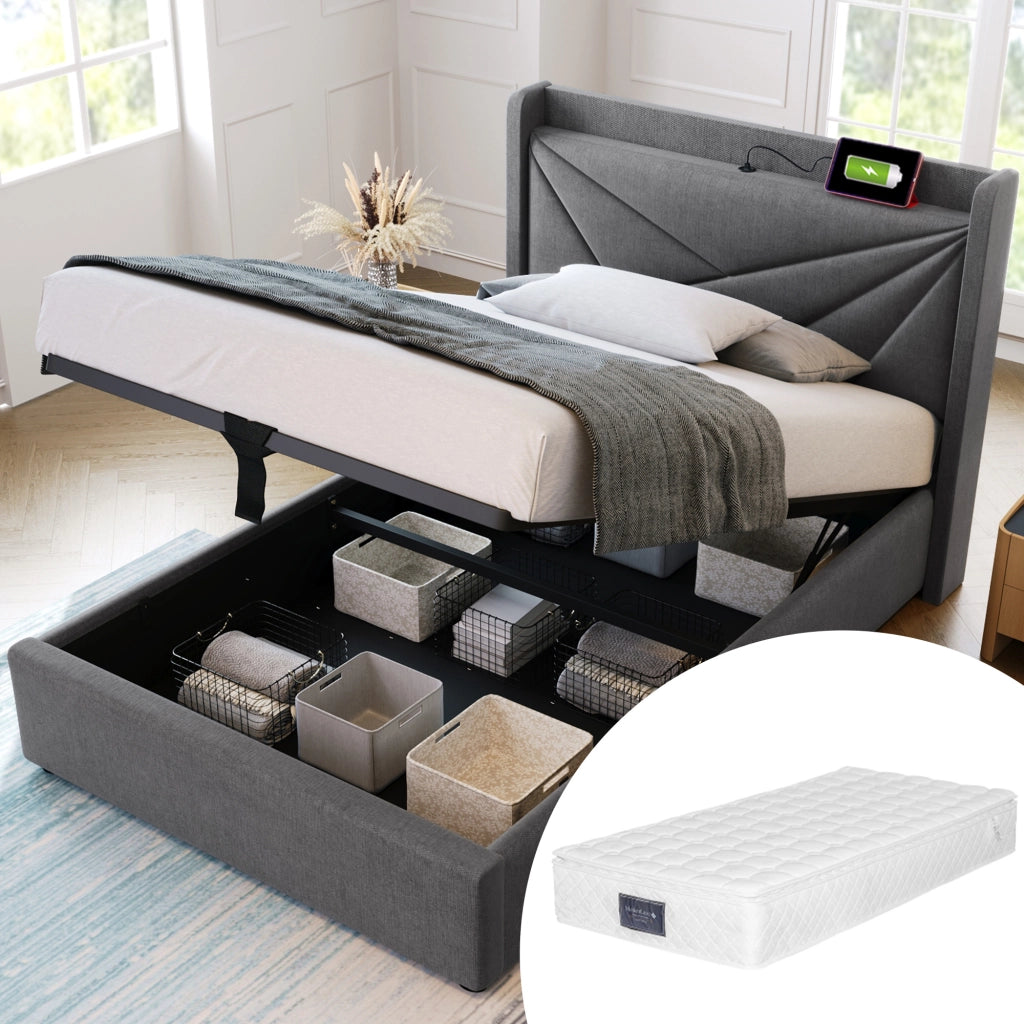 DESMIU Letto Singolo 90 × 200 cm con USB, Type-C, contenitore e materasso incluso, in cotone e lino, grigio