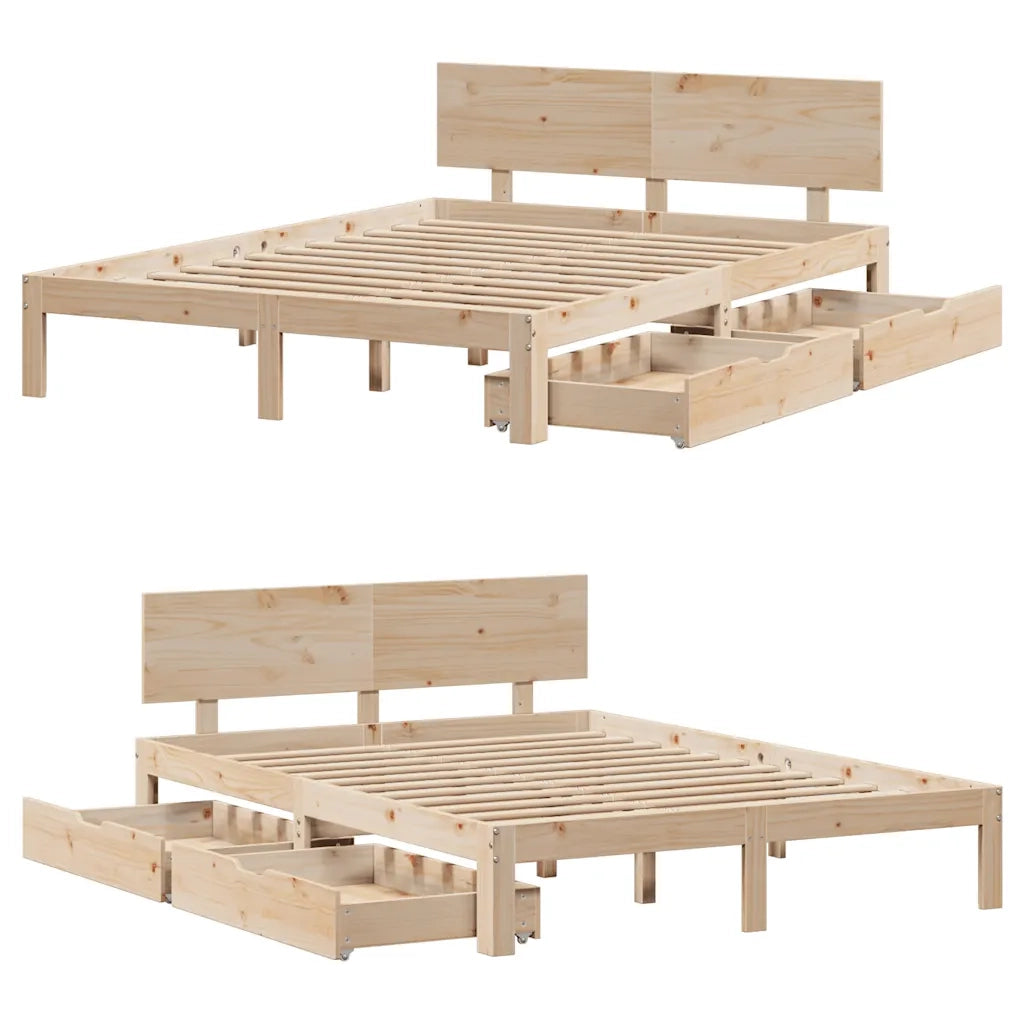 Letto matrimoniale | Letto per adulti | Giroletto con Cassetti 140x200 cm in Legno Massello di Pino