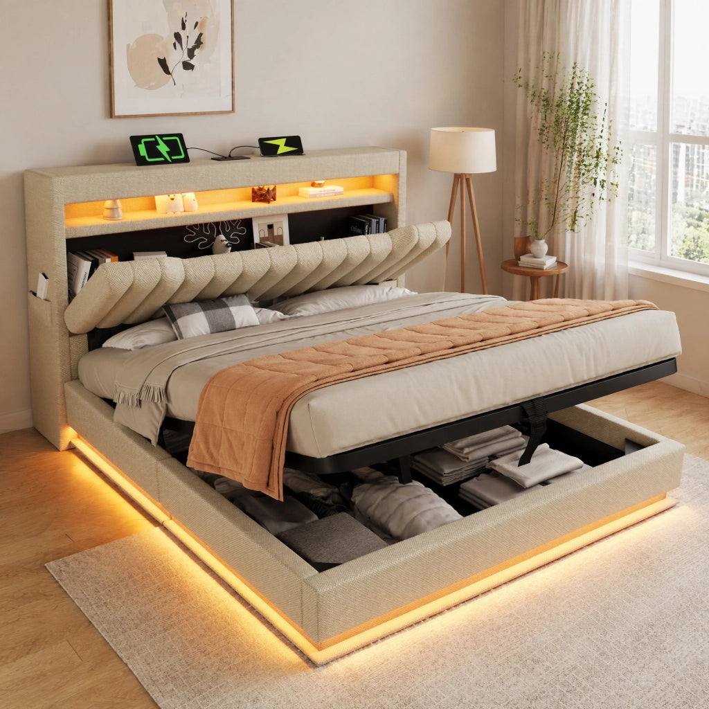 Letto matrimoniale 180x200 cm in lino beige con LED; testiera con USB e vano contenitore