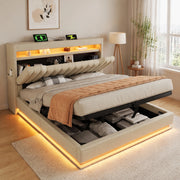 Letto matrimoniale 180x200 cm in lino beige con LED; testiera con USB e vano contenitore