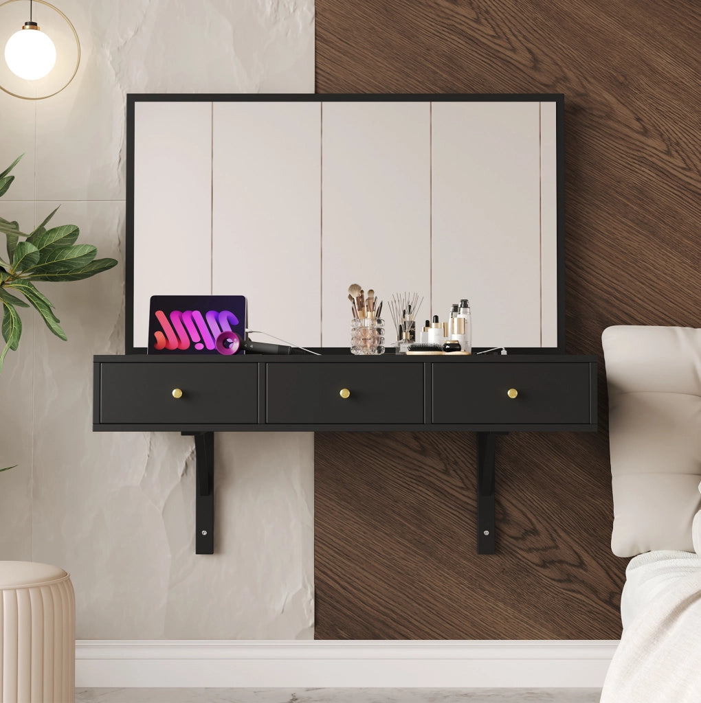 Toeletta con specchio e 3 cassetti 100x45x105 cm in pannello truciolare nero con prese integrate