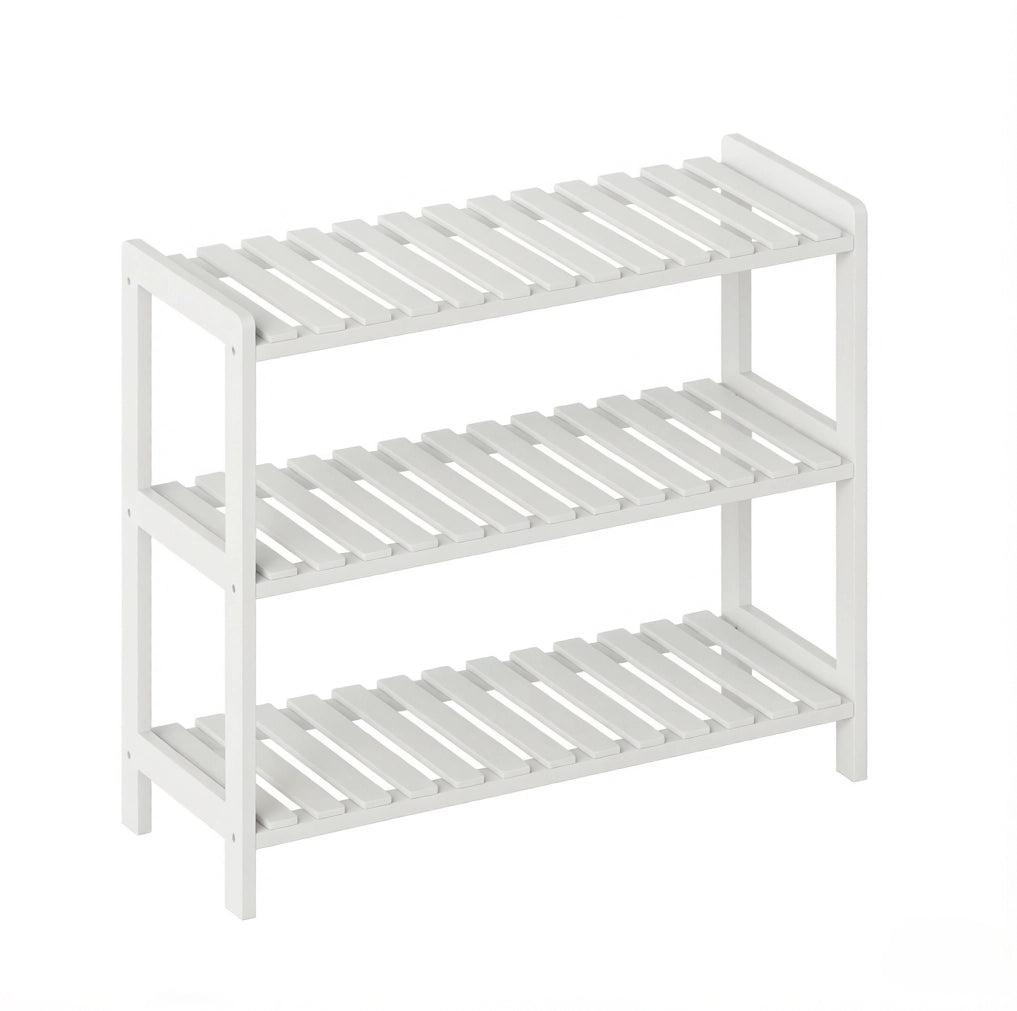 Scarpiera 70x26x57，5 cm in pino e MDF bianco， 3 ripiani per ingresso