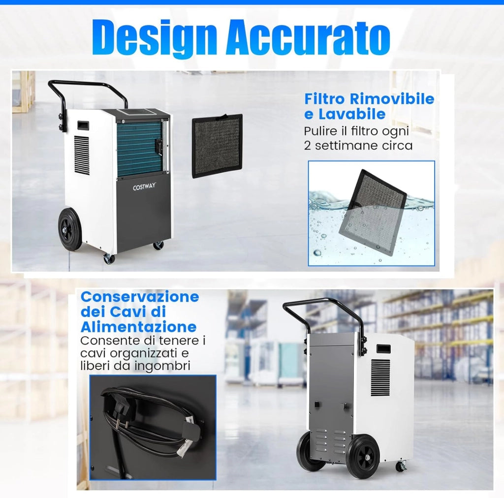 Deumidificatore Casa, Deumidificatore Elettrico con Tubo di Scarico e Timer, Portatile con Ruote per Cantina, Magazzino, Fabbrica e Grandi Spazi fino a 695 m³ (Bianco)