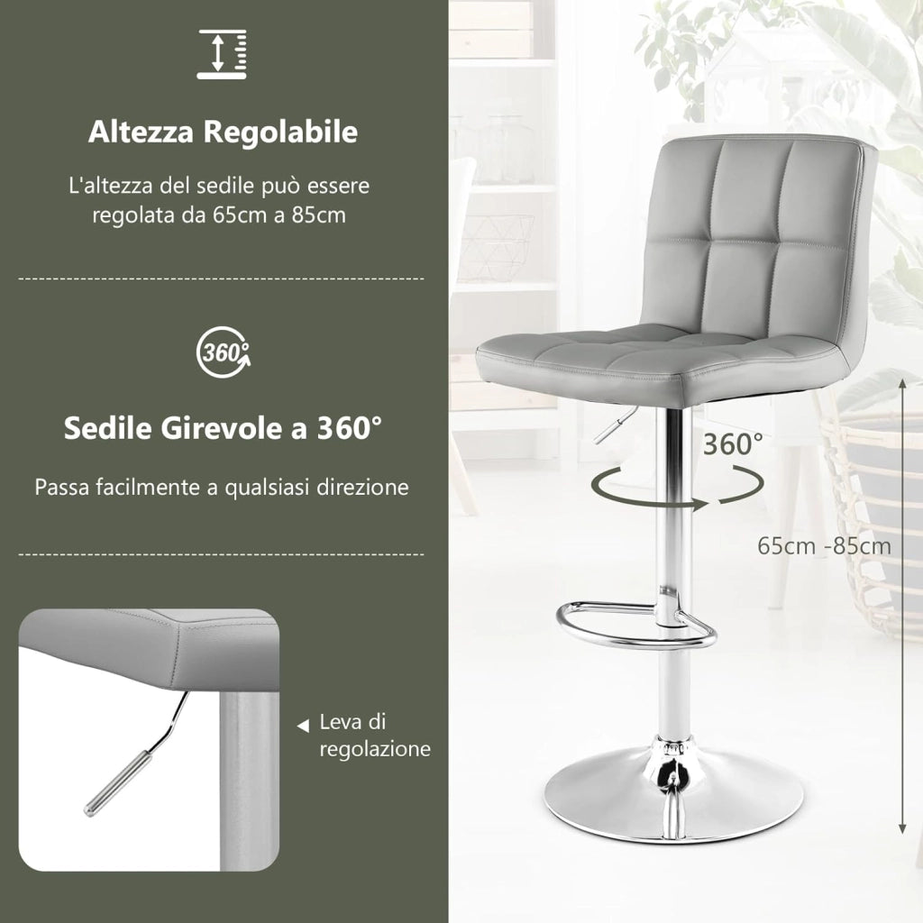 Sgabello Regolabile in Altezza in Ecopelle, Sgabello Cucina Girevole a 360° con Poggiapiedi e Base Metallica Antiscivolo, Sedia Portata 150 kg per Sala da Pranzo e Penisola Cucina (Grigio,2)