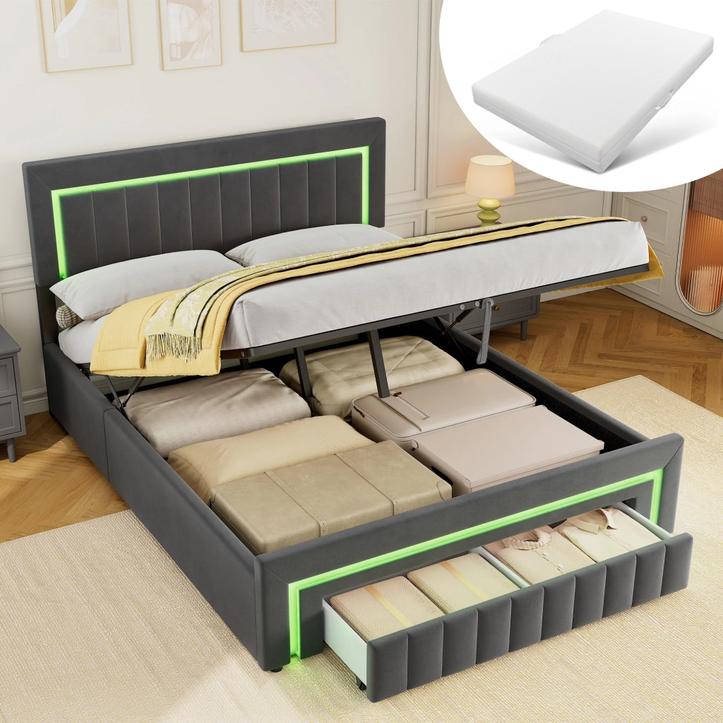 Letto matrimoniale imbottito 160x200 cm grigio scuro in velluto con LED e cassetti