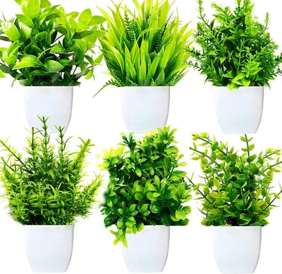 Mini piante artificiali in vaso - piante decorative - 6 pezzi - verde - plastica