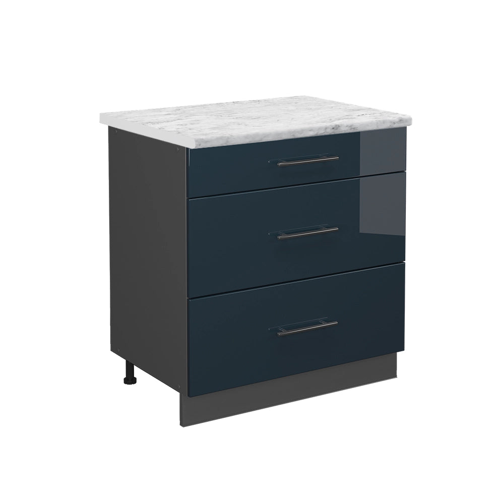 Mobiletto base per cucina Fame-Line Blu scuro lucido/Antracite 80 cm con 3 cassetti, PL Marmo Vicco