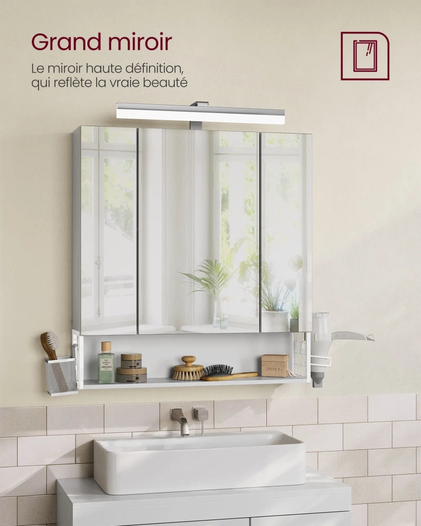 Mobiletto da bagno a 3 ante sospeso con specchio multipresa cestino pensile portaphon e lavabo bianco (12_0006464)